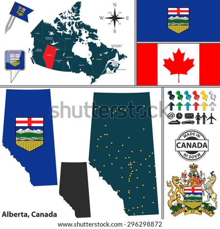 Vector map of state Alberta with coat of arms and location on Canadian map