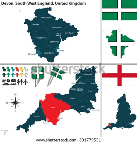 Vector map of Devon in South West England, United Kingdom with regions and flags