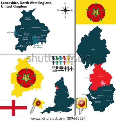 Vector map of Lancashire in North West England, United Kingdom with regions and flags