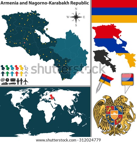 Vector map of Armenia Nagorno Karabakh Republic with regions, coat of arms and location on world map