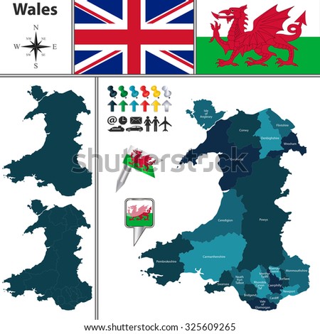 Vector map of Wales with principal areas and flags