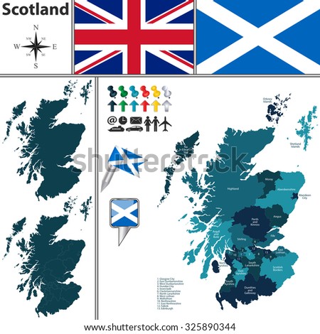 Vector map of Scotland with subdivisions and flags