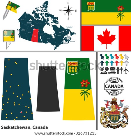 Vector map of state Saskatchewan with coat of arms and location on Canadian map