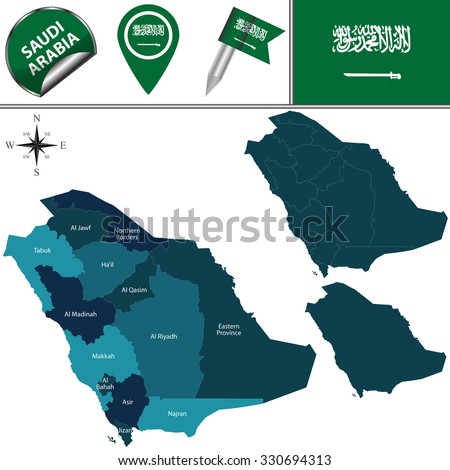 Vector map of Saudi Arabia with named divisions and travel icons
