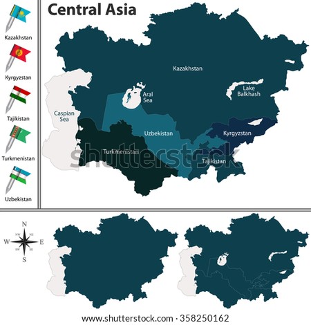 Vector of political map of Central Asia set with flags on white background