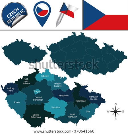 Vector map of Czech Republic with named regions and travel icons.