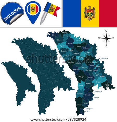 Vector map of Moldova with named divisions and travel icons