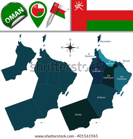 Vector map of Oman with named governorates and travel icons