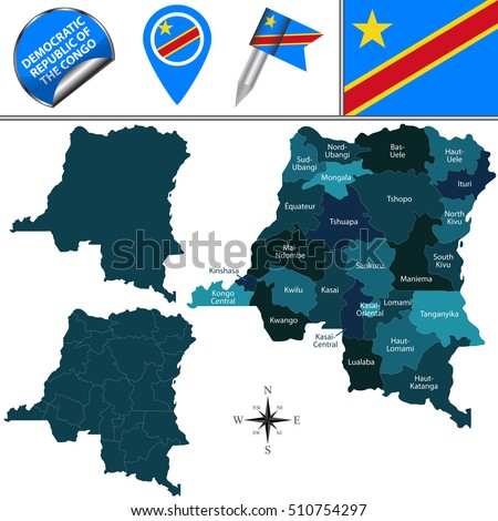 Vector map of Democratic Republic of the Congo with named provinces and travel icons