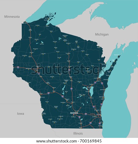 Vector set of Wisconsin state with roads map, cities and neighboring states