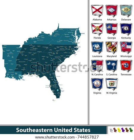 Vector set of Southeastern United States with flags and map on white background