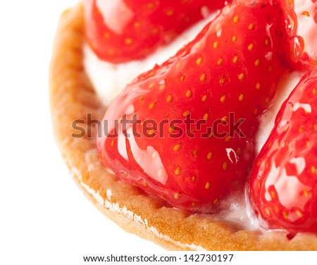sweet basket with cream and strawberries, over white