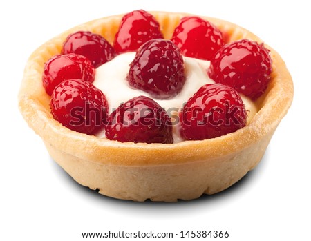 sweet basket with cream and raspberries, over white