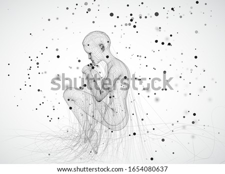 vector 3d girl from dots and splines, among wavy threads and circles