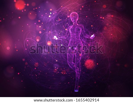 vector 3d girl from dots and splines, among wavy threads and circles on neon purple and pink background