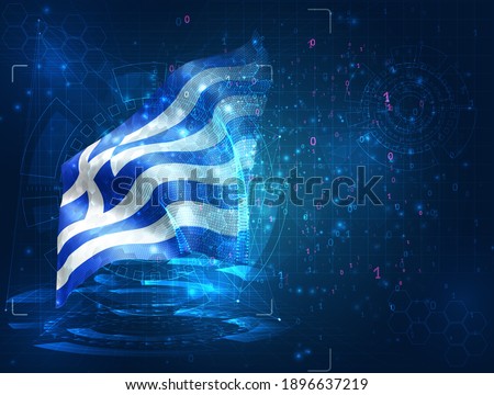 Greece, vector 3d flag on blue background with hud interfaces