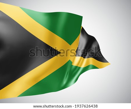 Jamaica, vector flag with waves and bends waving in the wind on a white background.