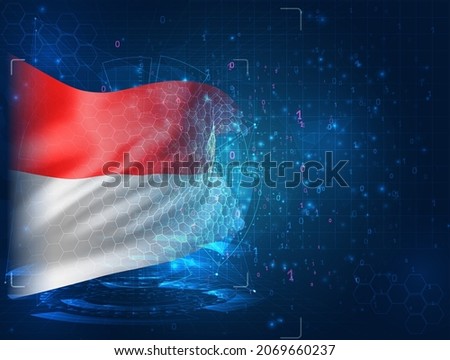 Monaco, Indonesia, vector 3d flag on blue background with hud interfaces