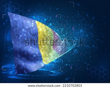 Romania,  vector flag, virtual abstract 3D object from triangular polygons on a blue background