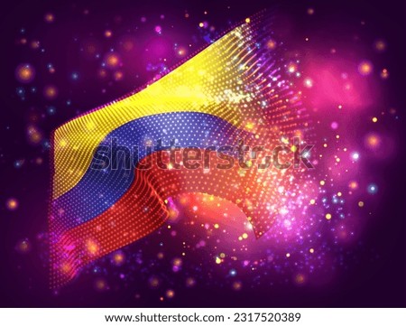 Colombia, vector 3d flag on pink purple background with lighting and flares