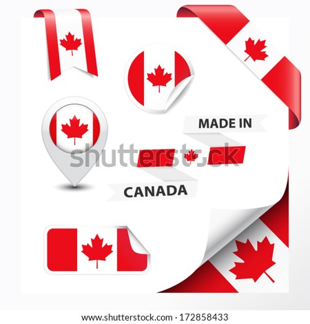 Made in Canada collection of ribbon, label, stickers, pointer, badge, icon and page curl with Canadian flag symbol on design element. Vector EPS10 illustration isolated on white background.