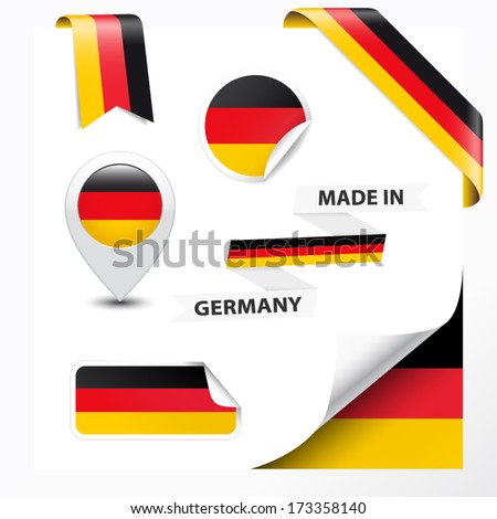 Made in Germany collection of ribbon, label, stickers, pointer, badge, icon and page curl with German flag symbol on design element. Vector EPS10 illustration isolated on white background.