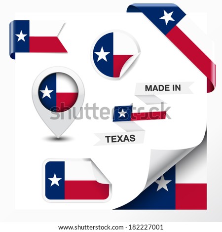 Made in Texas collection of ribbon, label, stickers, pointer, badge, icon and page curl with Texan flag symbol on design element. Vector EPS 10 illustration isolated on white background.