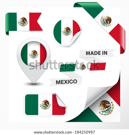 Made in Mexico collection of ribbon, label, stickers, pointer, icon and page curl with Mexican flag symbol on design element. Vector EPS 10 illustration isolated on white background.
