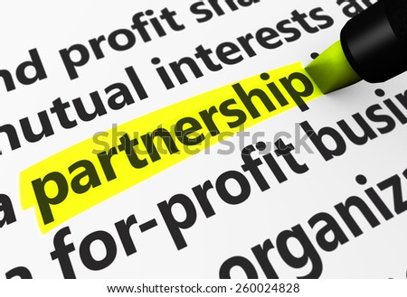 Partnership concept with a 3d rendering of business related words on a paper document and partnership text highlighted with a yellow marker.