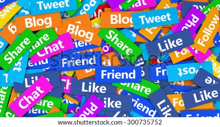 Social media concept background with a moltitude of social network words signs and text on scattered colorful paper.