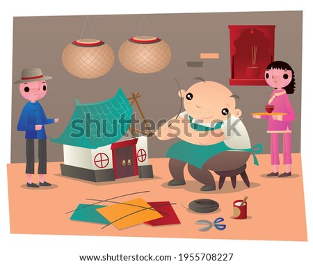 An old master making a paper house and paper servants as funeral goods of Chinese paper offerings