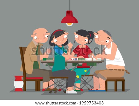 Cartoon illustration of people playing Chinese Mahjong game
