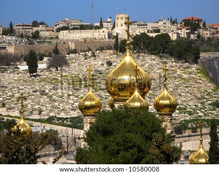 Russian Orthodox Church of St. Mary Magdalene overlooking burial grounds of Jerusalem