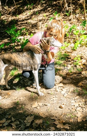 Image, Stock Photo Woman kissing greyhound while relaxing on street