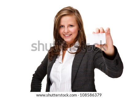 Businesswoman holding blank card isolated on white background