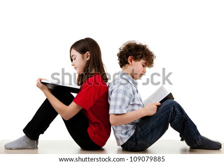 Girl and boy reading books on white background