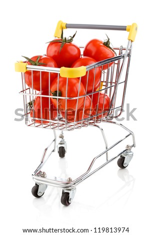 Shopping trolley full of tomatoes on white background