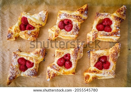 Image, Stock Photo topview of strawberries on wooden background