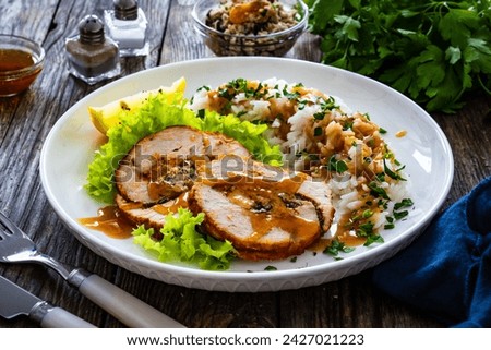 Similar – Image, Stock Photo Meat stuffed with apricot.