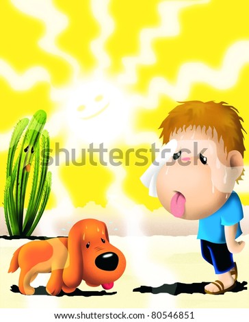 Boy with a dog and a cardon cactus in the middle of a hot desert in summer. (MangoKids series)