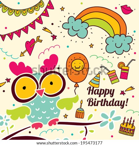 Happy Birthday! Cute Postcard With Owl. Stock Vector Illustration ...