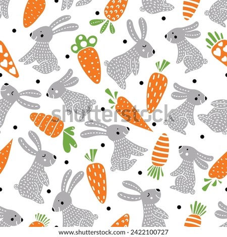 Cute rabbits and carrots in the Scandinavian forest. Seamless template can be used for wallpapers, fill templates, web pages backgrounds, surface textures