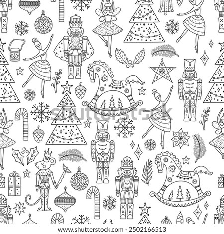 Cute line Christmas vector seamless Nutcracker pattern.  Seamless pattern can be used for wallpaper, pattern fills, web page background, surface textures.