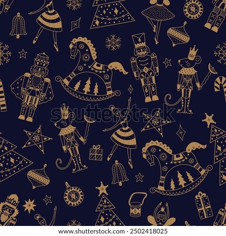 Cute gold Christmas vector seamless Nutcracker pattern.  Seamless pattern can be used for wallpaper, pattern fills, web page background, surface textures.