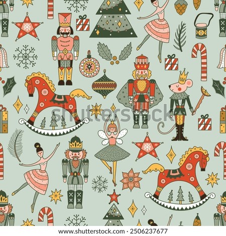 Cute Christmas vector seamless Nutcracker pattern.  Seamless pattern can be used for wallpaper, pattern fills, web page background, surface textures.