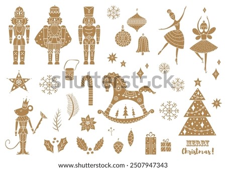  Gold Nutcracker. Set.Silhouettes  Magic vector illustration. Coloring page. Transparent background.