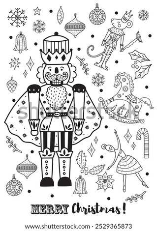 Christmas coloring page with cute nutcracker character.  Cute Christmas vector poster.