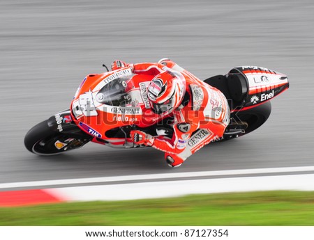 SEPANG,MALAYSIA-OCT.21:Nicky Hayden of Ducati Team in action during practice session of Shell Advance Malaysian Moto GrandPrix on Oct. 21 2011 in Sepang, Malaysia. The MotoGP class race will be held on Oct. 23, 2011.