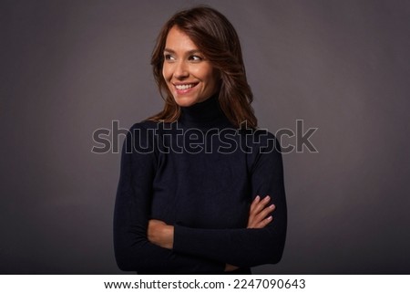 Similar – Image, Stock Photo Close portrait of a smiling young african arab poc happy after finishing her training. New habits fit life new year concept. Colorful, losing weight gaining health concept