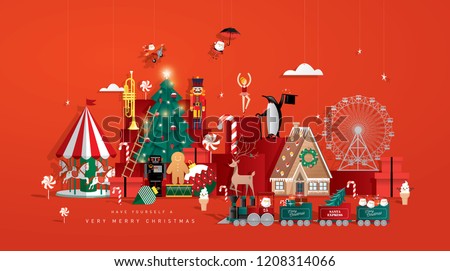 christmas toy store greeting card template vector/illustration